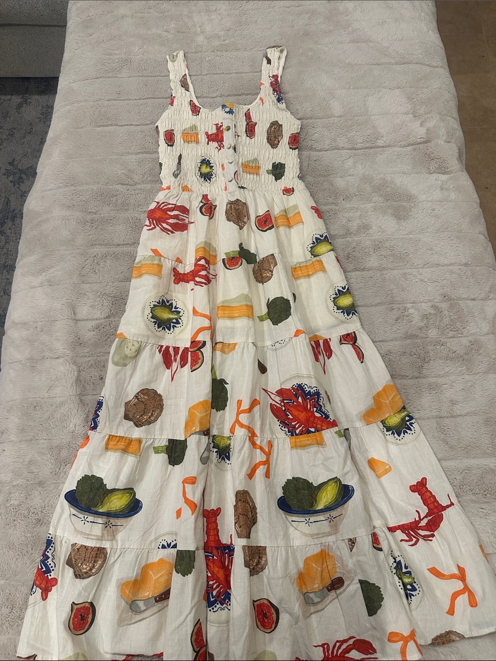 White Smocked Sun Dress with Colorful Seafood Print